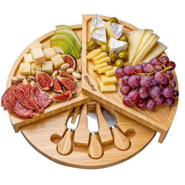 Tabla de Quesos con Utensilios Extensible, para 2-3 Personas – Bandeja de Madera para Queso Desayuno Aperitivo – Tabla de Madera de Bambú para Cortar Queso – Bandejas para Servir Comida – Idea Regalo