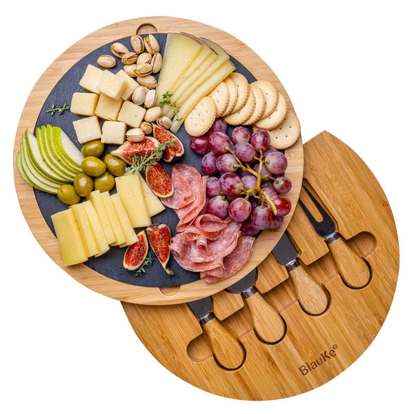 Tabla de Quesos con Utensilios e Plato de Pizarra – Bandeja de Madera para Queso Desayuno Aperitivo – Tabla de Madera de Bambú para Cortar Queso – Tabla de Cortar Cocina – Bandejas para Servir Comida