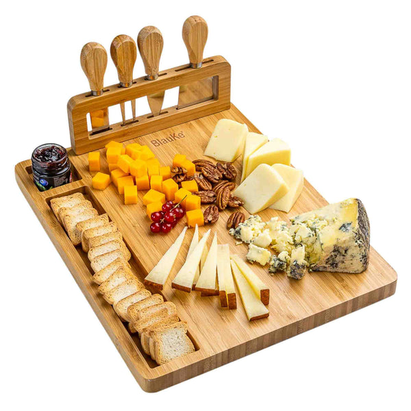 Tabla de quesos de bambú y juego de cuchillos - Tabla de charcutería de 35 x 28 cm con 4 cuchillos para queso - Bandeja de madera para servir