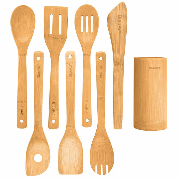 Set Utensilios de Cocina Madera de Bambú – Juego de 8 Accesorios de Cocina Originales para Menaje de Cocina Antiadherentes (Cucharas, Espatulas, Lengua, Paleta, Pinzas, Porta Cubiertos) 
